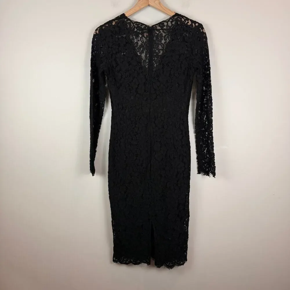 Bardot Dress Women 6 Black Floral Crochet Lace Zip Back V-Neck Long Sleeve Party